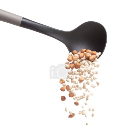Téléchargez les photos : Mix white peanut beans fall down explosion, several kind bean float pouring in ladle. Dried white peanut mixed beans splash throwing in Air. White background Isolated high speed shutter freeze motion - en image libre de droit