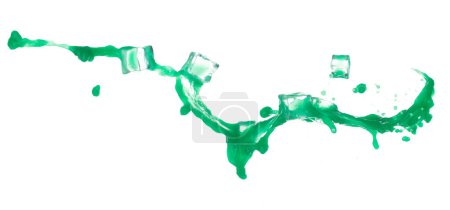 Photo for Green paint liquid fly in mid air with ice cube cool, apple vegetable juice falling scatter, explosion float in shape form droplet line. White background isolated freeze motion high speed shutter - Royalty Free Image