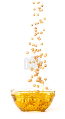Téléchargez les photos : Yellow Soy Bean in Vegetable Oil pour fall down in Air. Golden Soybean mix with cooking oil pouring into bowl, soy bean is healthy diet and food element cooking ingredients. White background isolated - en image libre de droit