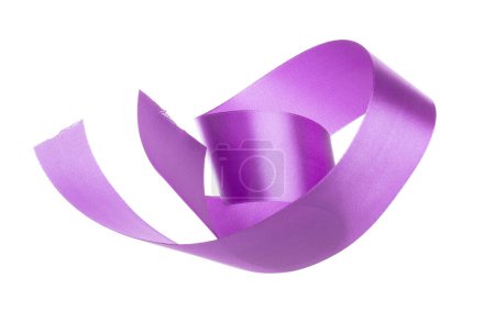 Photo for Purple Violet ribbon long straight fly in air with curve roll shiny. Purple Violet ribbon for present gift birthday party to wrap around decorate and make long straight. White background isolated - Royalty Free Image