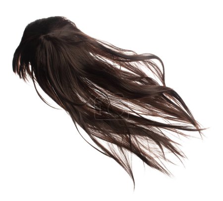 Photo for Long straight Wig hair style fly fall explosion. Brown woman wig hair float in mid air. Straight brown wig hair wind blow cloud throw. White background isolated high speed freeze motion - Royalty Free Image