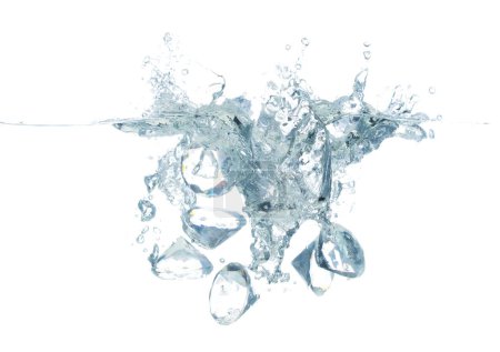 Photo for Diamonds falls into water and creates air bubbles on surface. Many Diamonds drop hit smash to clear water and deep to bubble. White background isolated freeze motion - Royalty Free Image