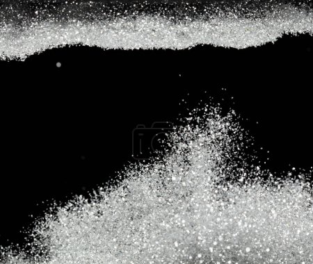 Photo for Explosion metallic silver glitter sparkle. Silver Glitter powder spark blink celebrate, blur foil explode in air, fly white glitters particle. Black background isolated, selective focus Blur bokeh - Royalty Free Image