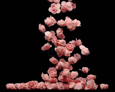 Téléchargez les photos : Rose petite fleur rose explosion vers le haut. Beaucoup de roses en polystyrène présentent amour romantique mariage Saint-Valentin. Mousse artificielle rose rose mouche dans l'air. Fond noir isolé foyer sélectif flou - en image libre de droit