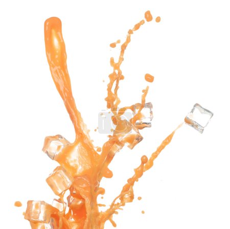 Photo for Orange Juice ice cube cool pouring down in Shape form line. Orange juicy fluttering explosion in air, liquid water splash spill like explosion droplet in glass bowl. White background isolated - Royalty Free Image