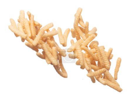 Photo for Prawn shrimp crackers finger chip fall fly in mid air, Golden fried Prawn shrimp crackers floating explosion. Pile group of Prawn shrimp crackers pour throw in air. White background isolated - Royalty Free Image