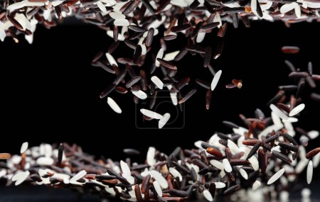 Foto de Explosión voladora japonesa de Riceberry, mosca abstracta de la caída de la baya del arroz blanco. Hermosa semilla completa de jazmín salpicadura de arándano en el aire, objeto de comida. Fondo negro aislado serie dos de imágenes - Imagen libre de derechos