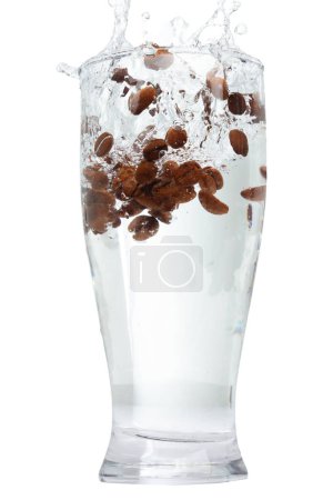 Foto de Muchos granos de café caen en agua caliente en un vaso alto. Los granos de café salpicados con burbujas se derriten en agua caliente y clara para el café helado. Fondo blanco aislado Elemento congelante - Imagen libre de derechos