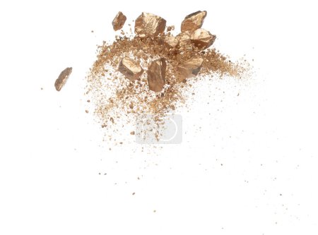 Photo for Gold ore nugget mix sand explode from Mining. Golden nugget ore grain powder explosion with sand stone gravel in gold Mining industry. White background Isolated throwing freeze stop motion - Royalty Free Image