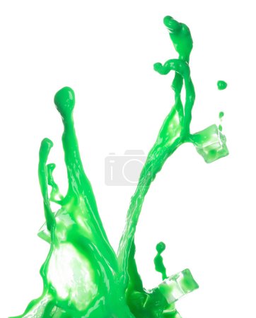 Photo for Green Matcha Milk Tea pour fall down, explosion in air with ice cube cold. Green Matcha Milk Tea spill splash in shape form line as paint color. White background isolated high speed shutter freeze - Royalty Free Image