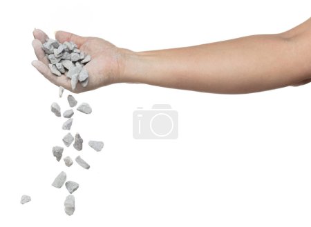 Photo for Rock gravel fall down from hand, gray stone pebbles rock explode abstract cloud fly. Construction rock stone splash in air, object design. White background isolated freeze shot, selective focus blur - Royalty Free Image