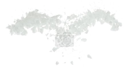 Foto de Mezcla de sal explosión voladora, grandes sales blancas flor explotan mosca nube abstracta. Salpicadura de roca salada en el aire, diseño de elementos condimentadores. Fondo blanco aislado movimiento de congelación de alta velocidad - Imagen libre de derechos