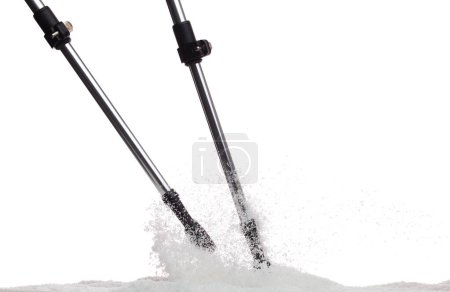Photo for Trekking Poles put on snow ice. Telescopic trekking poles stick device for elderly people to walk with support protection hiking in woods mountain. White background isolated - Royalty Free Image