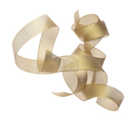 Photo for Gold ribbon long straight fly in air with curve roll shiny. Gold ribbon for present gift birthday party to wrap around decorate and make of textile cloth long straight. White background isolated - Royalty Free Image
