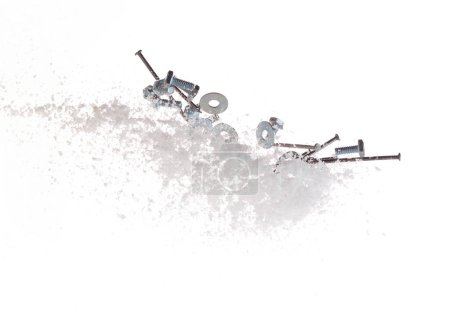 Photo for Nail spike Nut bolts sharp object under snow on road. Dangerous sharpen nail glass object hidden in snow. Snow fall with risk accident hazard cover trash garbage debris. White background isolated - Royalty Free Image