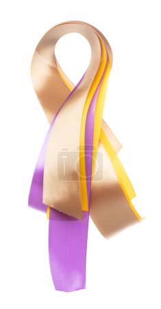 Photo for Yellow Gold Purple ribbon long straight fly in air with curve roll shiny. Yellow Golden Purple ribbon for present gift birthday party to wrap around decorate and make of textile cloth long straight. - Royalty Free Image