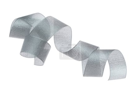 Photo for Gray ribbon long straight fly in air with curve roll shiny. Gray ribbon for present gift birthday party to wrap around decorate and make of textile cloth long straight. White background isolated - Royalty Free Image
