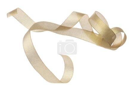 Photo for Gold ribbon long straight fly in air with curve roll shiny. Gold ribbon for present gift birthday party to wrap around decorate and make of textile cloth long straight. White background isolated - Royalty Free Image