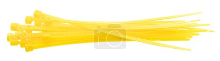 Foto de Corbata de cable de plástico en amarillo para sujetar el cable o envolver las cosas para electricista, mantenimiento, reparador. Cierre de cable de plástico de pequeño tamaño, fondo blanco aislado - Imagen libre de derechos