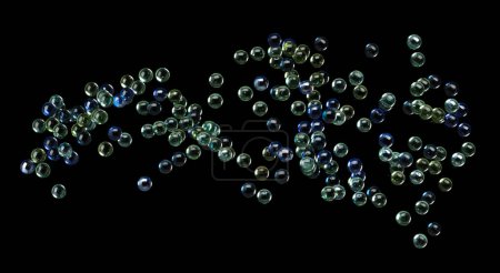 Photo for Glass marble Balls fly in air. Many glass marble ball transparency throw in many group and falling down. Glass marble ball toy decor fish tank. Black background isolated - Royalty Free Image