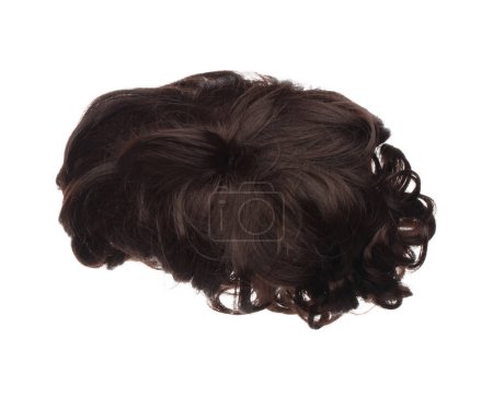 Photo for Wind blow short wavy curl Wig hair style fly fall. Brown woman wig hair float in mid air. Short Curly wavy brown wig hair wind blow cloud throw. White background isolated detail motion - Royalty Free Image