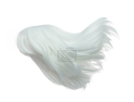 Photo for Wind blow short straight Wig hair style fly fall. White dying woman wig hair float in mid air. Short straight elderly old white wig hair wind blow throw. White background isolated detail motion - Royalty Free Image