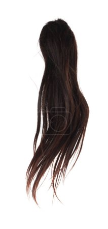 Photo for Wind blow Long straight Wig hair style fly fall. Brown woman wig hair float in mid air. Straight brown black wig hair wind blow cloud throw. White background isolated detail motion - Royalty Free Image