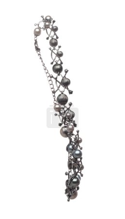 Photo for Pearl bead style necklet fly in air. Deep sea pearl bead necklace as gemstone for fashion ornament decorative items. Fashion ornament necklace to add more style. White background isolated - Royalty Free Image