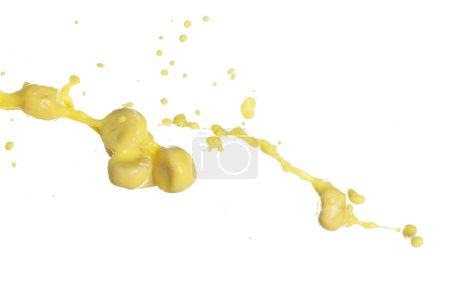 Photo for Banana juice flying fall down, yellow banana chopped slice juice wave explode. Yellow paint color splash throwing in Air. White background Isolated high speed shutter, throwing freeze stop motion - Royalty Free Image