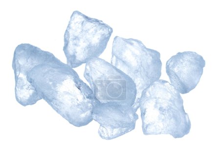 Photo for Ice Cubes explosion flying, crystal clear ice wave floating, fall down in air. Ice Brick block cube is frozen water healthy thirsty. White background Isolated high speed shutter, freeze stop motion - Royalty Free Image