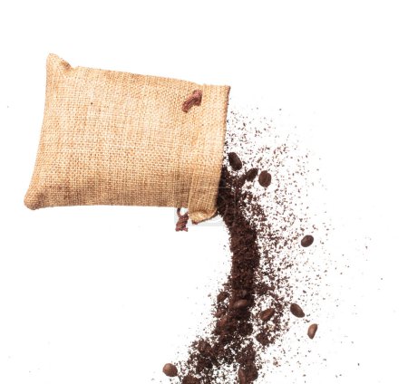 Photo for Coffee powder mix bean fall down pour in sack bag, Coffee crushed mix seed float explode, abstract cloud fly. Coffee dust powder bean splash throwing in Air. White background Isolated high speed - Royalty Free Image