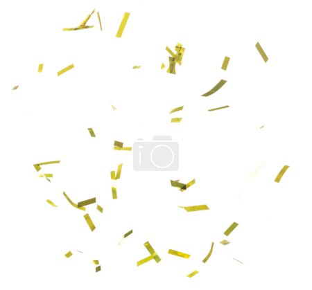 Goldene Konfettifolie fällt in die Luft. Goldkonfetti-Folie explodiert, abstrakte Wolke fliegt. Viele Parteiglitzer zerstreuen sich in vielen Gruppen. Weißer Hintergrund isoliert High-Speed-Verschlusszeit einfrieren