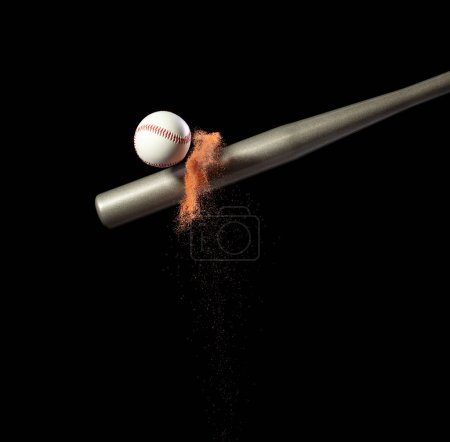 Photo for Baseball player hit ball with silver bat and sand soil explode in air. Baseball players in dynamic action hit ball smoke tail. Black background isolated freeze action - Royalty Free Image