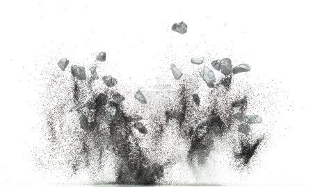Téléchargez les photos : La mouche des pépites de minerai d'argent tombe du flotteur minier dans l'air. De nombreuses pièces d'argent explosion de minerai de pépites avec du gravier à paillettes de sable dans l'industrie minière de l'argent. Fond blanc Isolé lancer gel stop motion - en image libre de droit