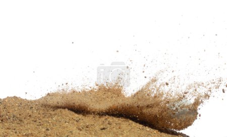 Photo for Golf ball explode from sand bunker. Golfer hit ball with club to sand explosion to green. Golf club hit ball in sand bunker explosion. White background isolated freeze motion - Royalty Free Image
