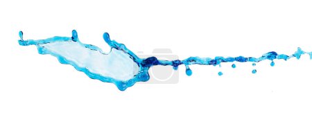 Foto de Shape form droplet of blue Water splashes into drop water line tube attack fluttering in air and stop motion freeze shot. Splash blue Water texture graphic resource elements, White background isolated - Imagen libre de derechos