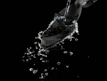 Photo for Pouring Water on pants object to create shape form splash fluttering in droplet and wave. Pouring water to object make curve drop splash in directions. Black background isolated - Royalty Free Image