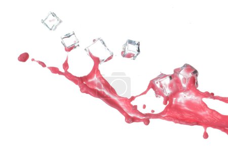 Photo for Red tomato strawberry juice pour with ice cube, Tomato juice wave fall in air. Red Wine colored explosion spill with ice droplet. White background Isolated high speed shutter, freeze motion - Royalty Free Image