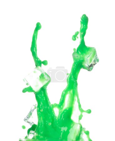 Photo for Green Matcha Milk Tea pour fall down, explosion in air with ice cube cold. Green Matcha Milk Tea spill splash in shape form line as paint color. White background isolated high speed shutter freeze - Royalty Free Image