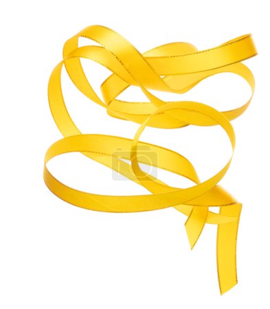 Photo for Gold Yellow ribbon long straight fly in air with curve roll shiny. Golden yellow ribbon for present gift birthday party to wrap around decorate and curl curve long straight. White background isolated - Royalty Free Image