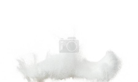 Téléchargez les photos : Explosion abstraite de poudre blanche dans l'air. gel mouvement de la peinture blanche sable voler dans l'air. Particule explosant mouche tombent en forme d'élément dynamique. Fond blanc isolé - en image libre de droit
