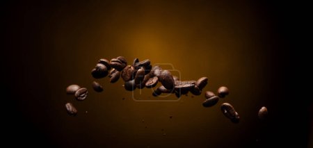 Photo for Coffee roasted bean ground fly explosion, Coffee crushed ground float pouring mix with beans. Roasted Coffee bean powder ground dust splash explosion in mid Air. Black background Isolated gold bokeh - Royalty Free Image