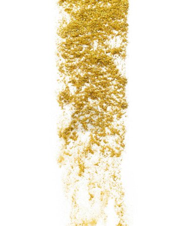 Photo for Gold metallic glitter sparkle explosion in air. Golden Glitter sand spark blink celebrate Chinese new year, fly throw gold glitters particle. White background isolated, selective focus Blur bokeh - Royalty Free Image