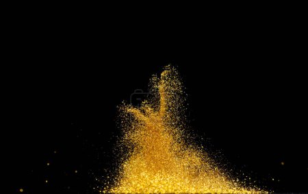 Photo for Gold metallic glitter sparkle explosion in air. Golden Glitter sand spark blink celebrate Chinese new year, fly throw gold glitters particle. Black background isolated, selective focus Blur bokeh - Royalty Free Image