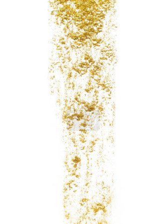 Photo for Gold metallic glitter sparkle explosion in air. Golden Glitter sand spark blink celebrate Chinese new year, fly throw gold glitters particle. White background isolated, selective focus Blur bokeh - Royalty Free Image
