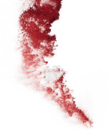 Foto de Explosión de brillo metálico rojo en el aire. centelleo de la chispa de arena del brillo rojo celebra el año nuevo chino, lanza la partícula roja del brillo de la mosca. Fondo blanco aislado, enfoque selectivo Blur bokeh - Imagen libre de derechos
