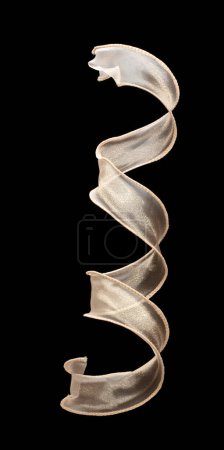 Photo for Gold Yellow ribbon long straight fly in air with curve roll shiny. Golden yellow ribbon for present gift birthday party to wrap around decorate, curl curve long straight. black background isolated - Royalty Free Image