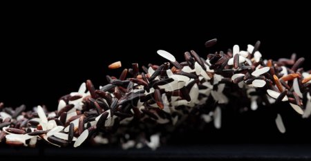 Foto de Explosión voladora japonesa de Riceberry, mosca abstracta de la caída de la baya del arroz blanco. Hermosa semilla completa de jazmín salpicadura de arándano en el aire, objeto de comida. Fondo negro aislado enfoque selectivo borroso - Imagen libre de derechos