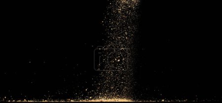 Téléchargez les photos : Explosion volante de sable de grande taille, onde de grain d'or exploser. Vol nuageux abstrait. Jaune éclaboussures de sable de couleur jetant dans l'air. Fond noir Flou de mise au point sélective isolé - en image libre de droit