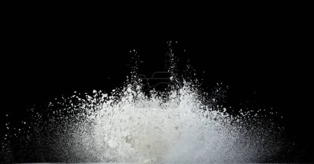 Photo for Tapioca starch flour fly explosion, White powder tapioca starch fall down in air. Seasoning flour powder is element material. Eyeshadow crush make up. Black background Isolated selective focus blur - Royalty Free Image